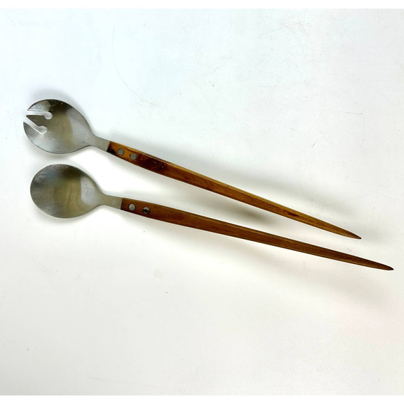 Mid Century Modern Teak Wood Handle Salad Servers Fork And Spoon Set Stainless - Picture 1 of 9